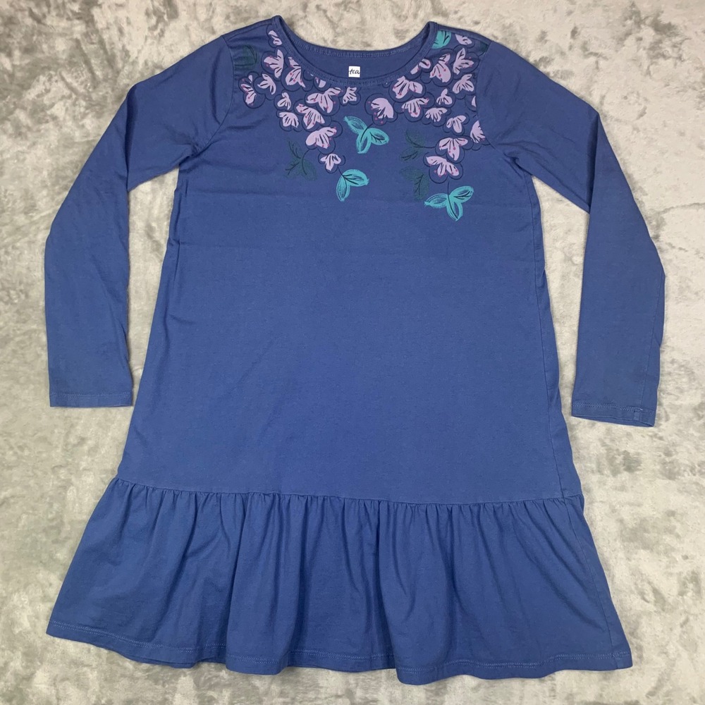 Tea Collection Dress Girls 12 Blue Floral Ruffle Drop Waist Cotton Long Sleeve